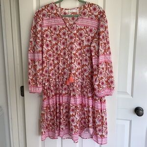 Pink and Red Floral Long Sleeve Tiered Dress with Tassel Detail